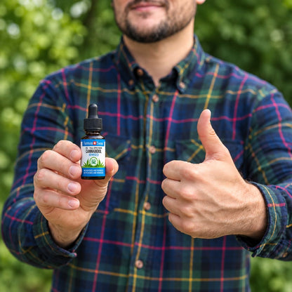 Person holding a bottle of Formula Swiss CBD oil in hemp seed oil and giving a thumbs up