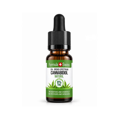 A 10 mL amber glass dropper bottle of Formula Swiss 5% Broad-Spectrum Cannabidiol Natural CBD oil, featuring a black dropper cap and a white and green label with a cannabis leaf graphic, set against a plain white background.