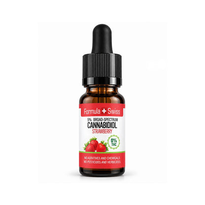 A small amber glass dropper bottle of Formula Swiss Cannabidiol Strawberry oil  0% THC on a plain white background.